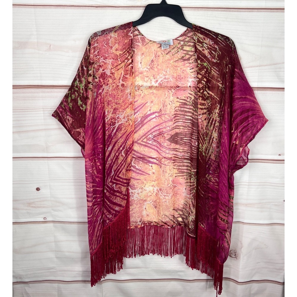 Sol & Mer Top Womens OS Pink‎ Orange Kimono Open Front Semi Sheer Fringe Woven
